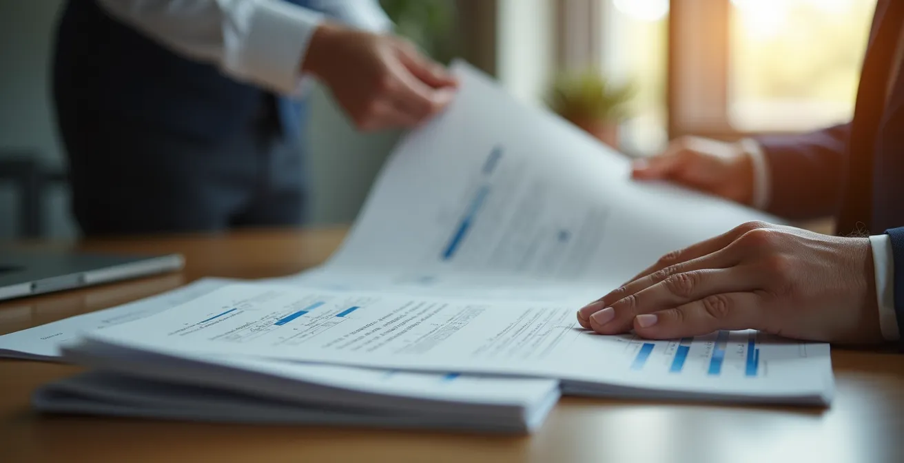 Cadre éditorial montrant un professionnel examinant des supports d'impression haut de gamme et comparant la qualité matérielle avec écran numérique