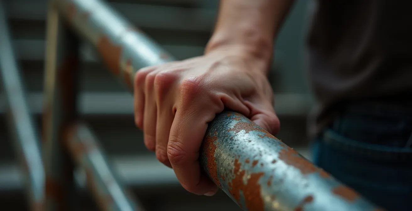 Gros plan sur une main touchant une rampe d'escalier en acier patiné