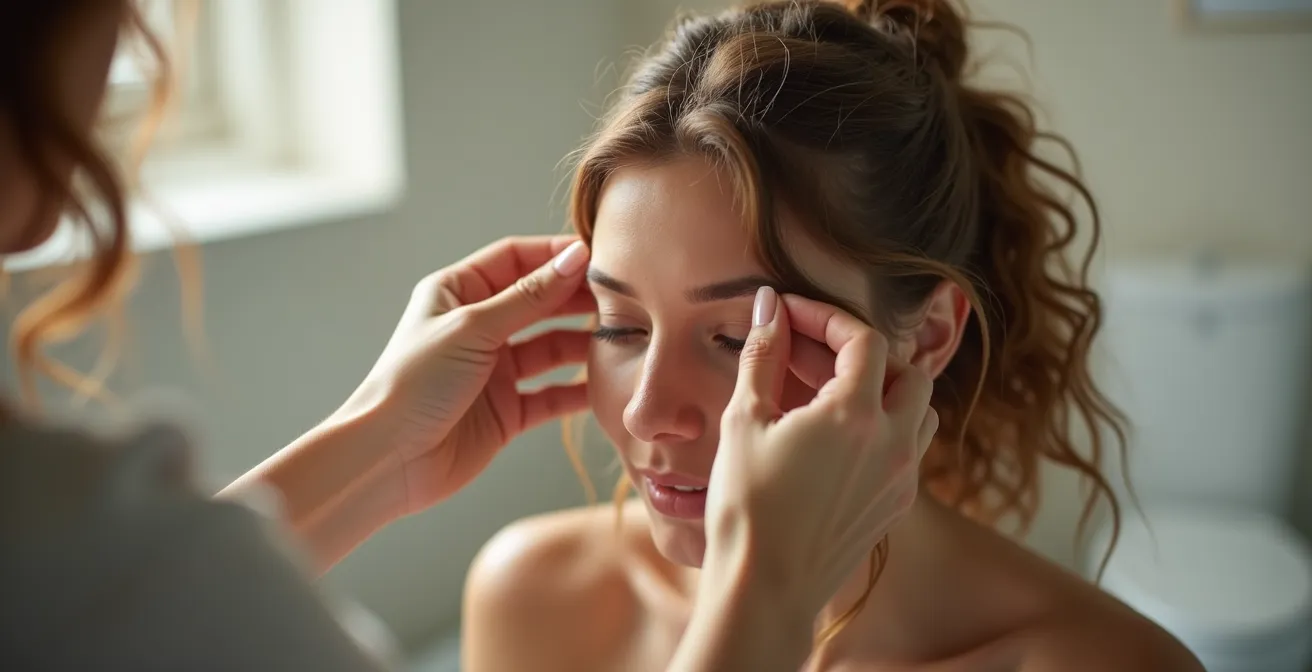 Main examinant délicatement le cuir chevelu pour évaluer sa texture