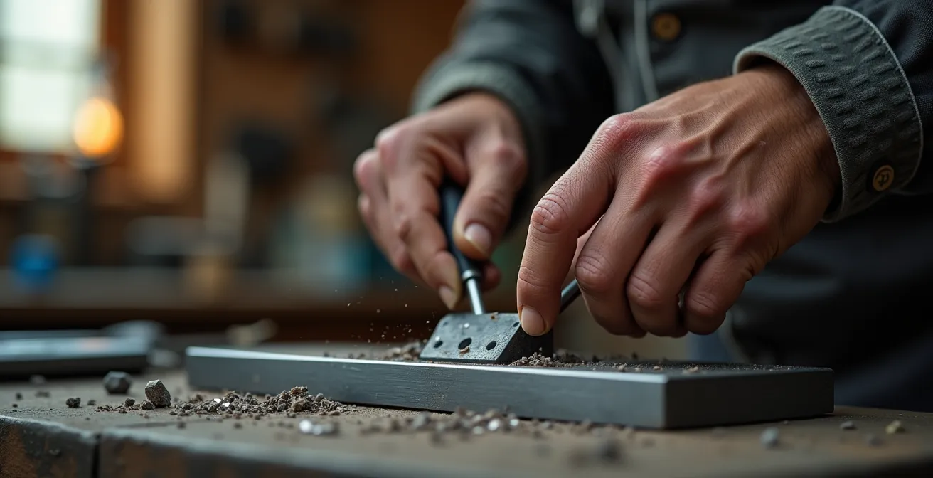 Mains d'un artisan métallier travaillant avec précision sur une pièce en acier