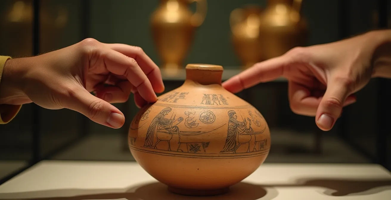 Gros plan sur les mains expressives d'un conférencier manipulant une reproduction de poterie grecque antique