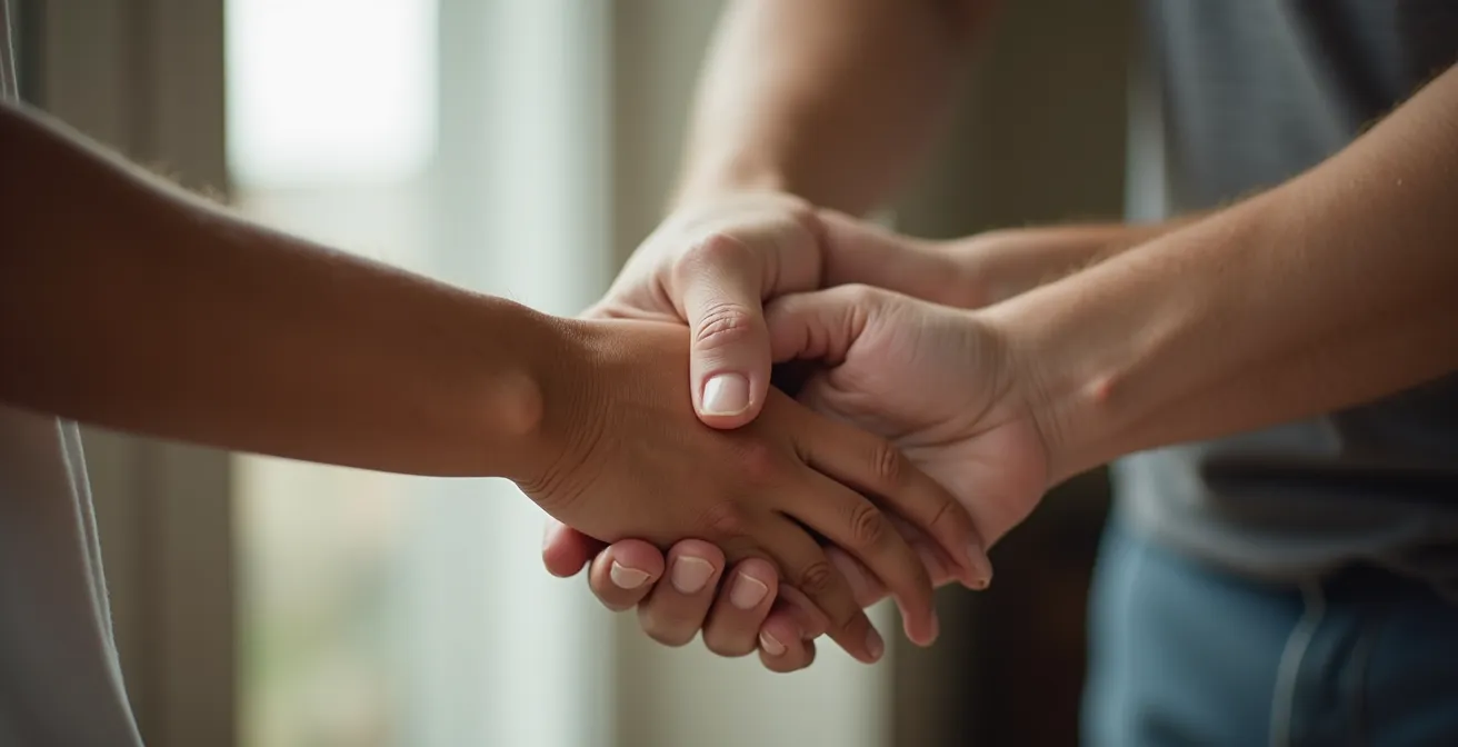 Mains entrelacées dans un geste de solidarité sous une lumière naturelle
