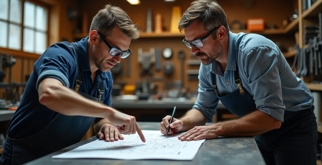 Métallier professionnel consultant des plans techniques avec un client dans son atelier