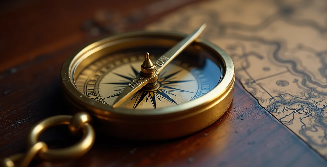 Boussole dorée sur table en bois avec cartes abstraites floues en arrière-plan