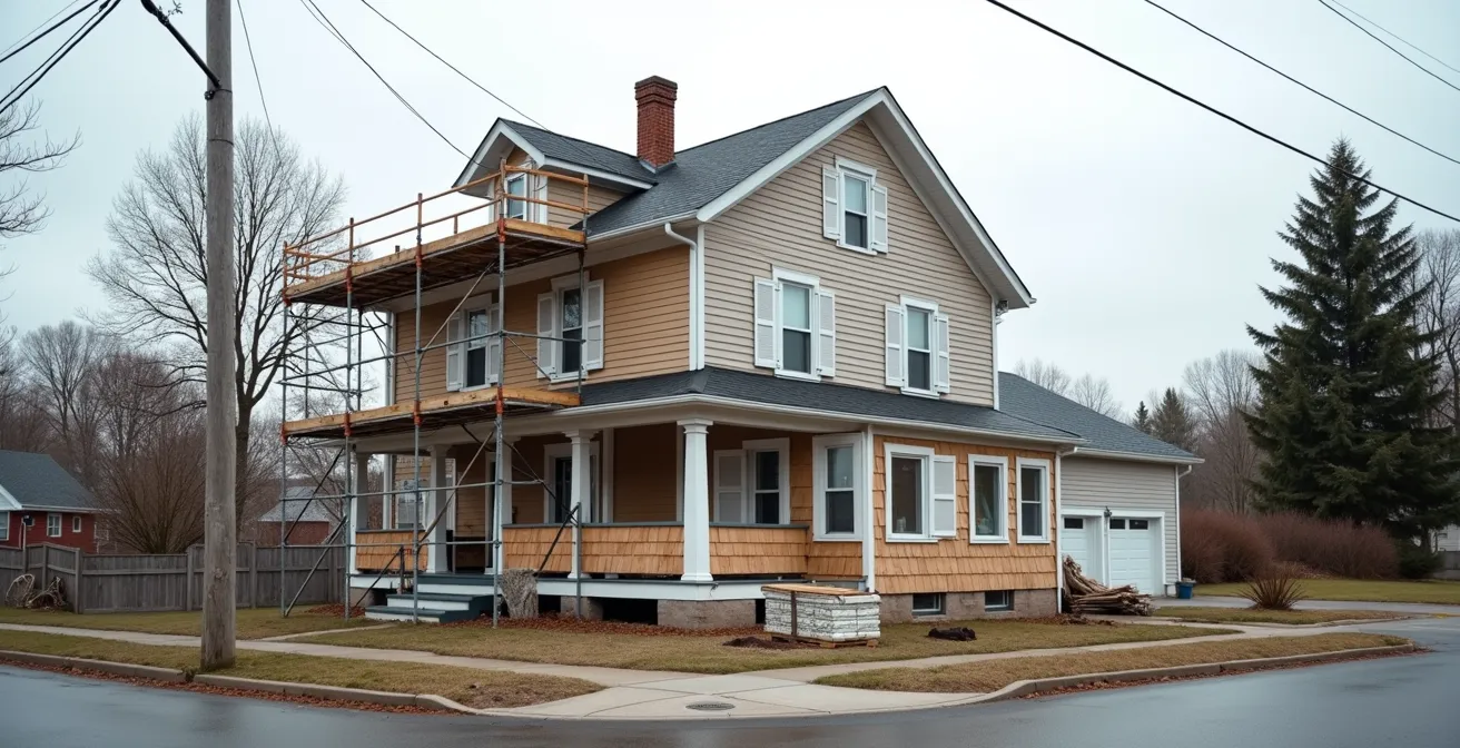 Vue d'ensemble d'une maison québécoise en cours de rénovation complète
