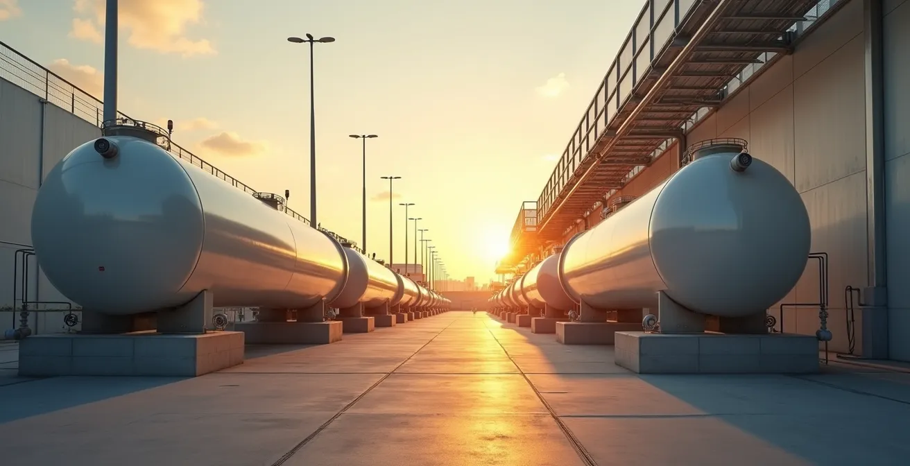 Vue d'ensemble d'une installation de stockage propane sécurisée en entreprise