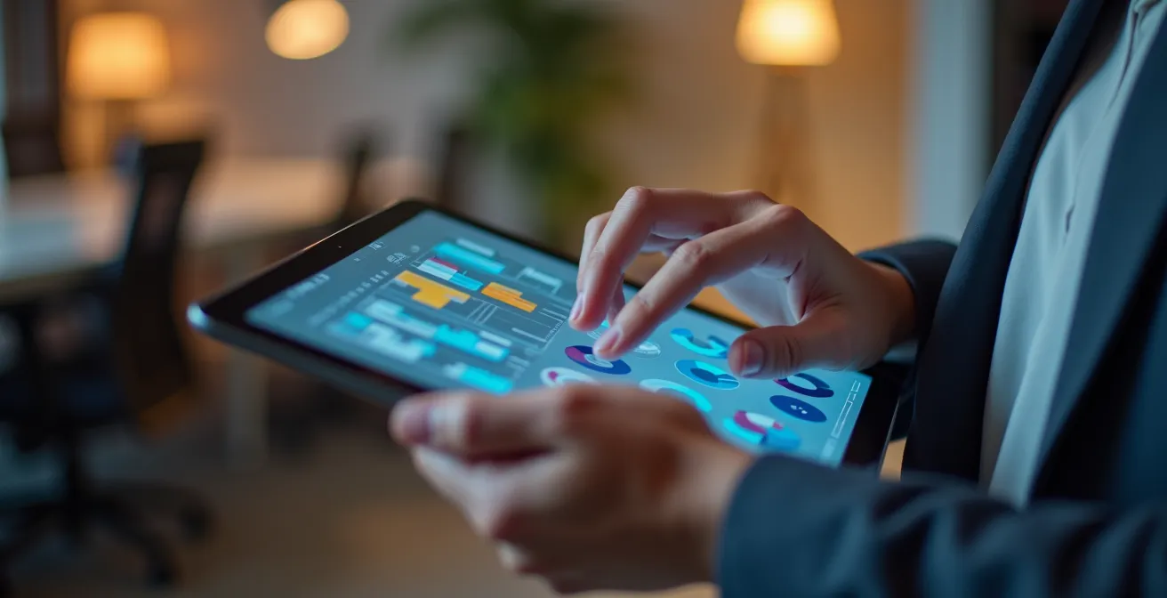 Main analysant des graphiques de performance énergétique sur tablette