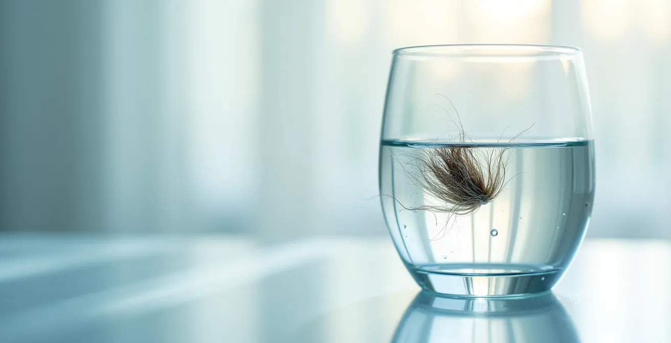 Test de porosité capillaire avec un cheveu dans un verre d'eau
