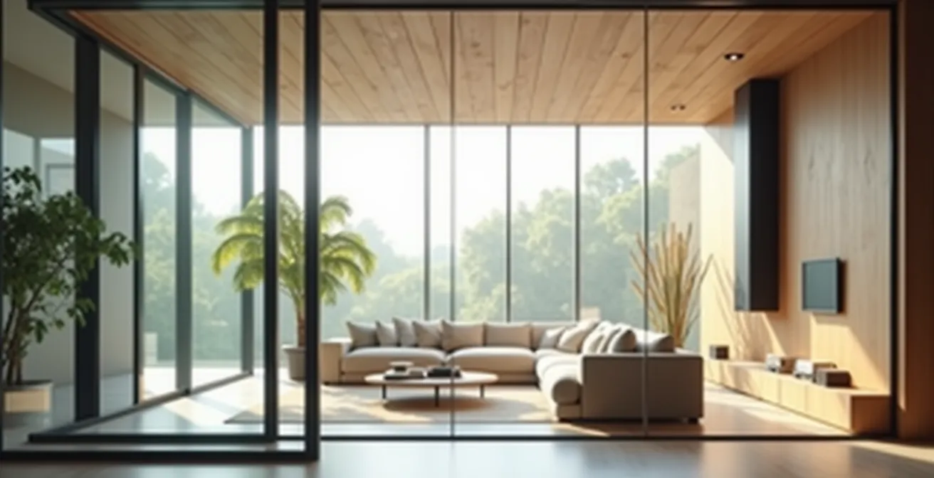 Détail d'une verrière en acier créant une perspective lumineuse