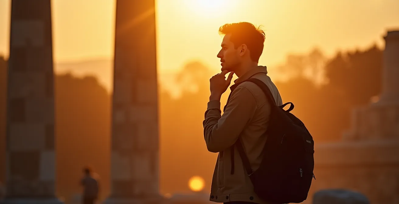 Personne contemplant l'Acropole dans un moment de réflexion profonde