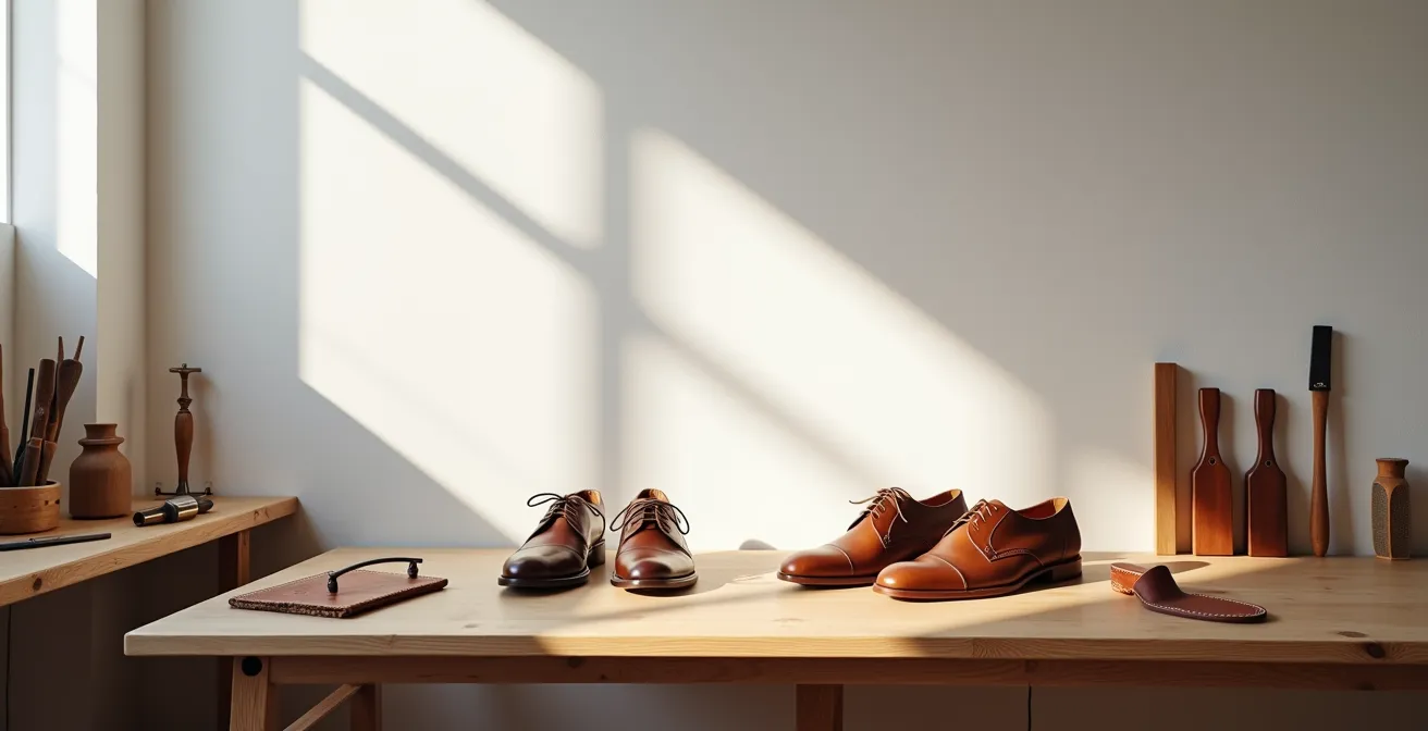 Vue d'ensemble d'un atelier de fabrication de chaussures européen avec outils traditionnels et cuirs