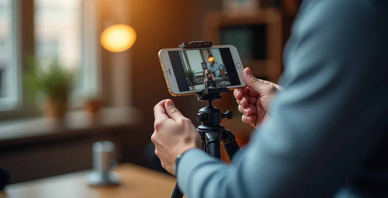 Gros plan sur les mains d'un entrepreneur filmant avec un smartphone monté sur trépied