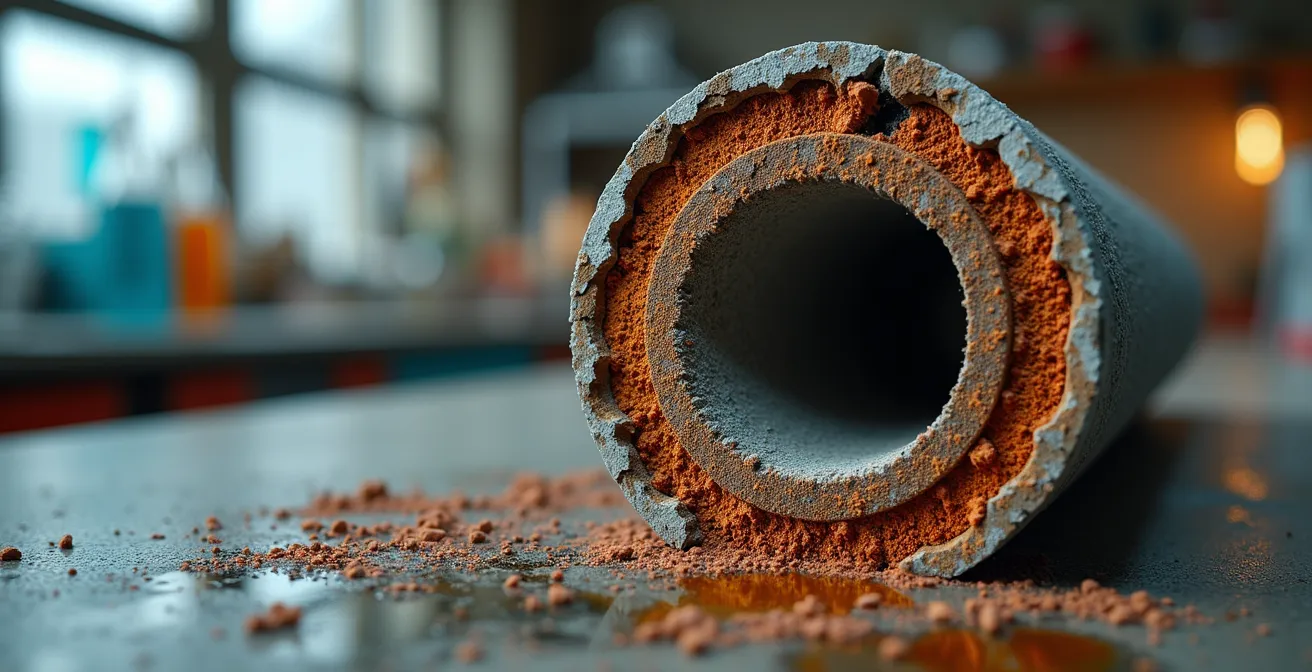 Texture détaillée d'un échantillon de béton montrant la corrosion des armatures