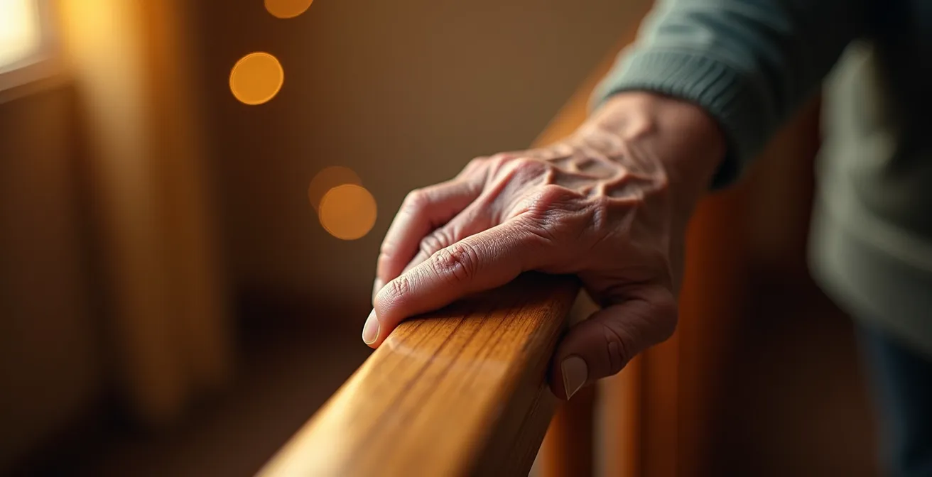 Gros plan sur une main tenant fermement une main courante en bois texturé