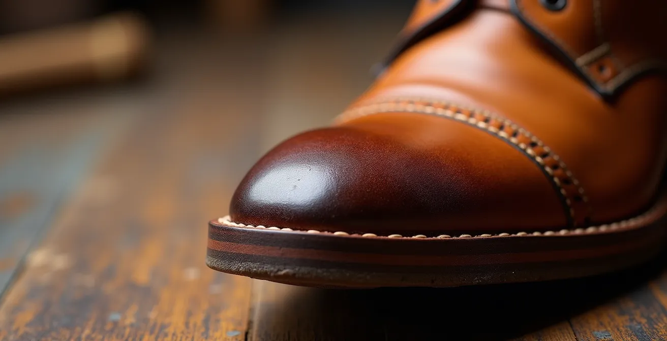 Vue macro d'une semelle de chaussure en cuir montrant les signes d'usure naturelle et la qualité des matériaux