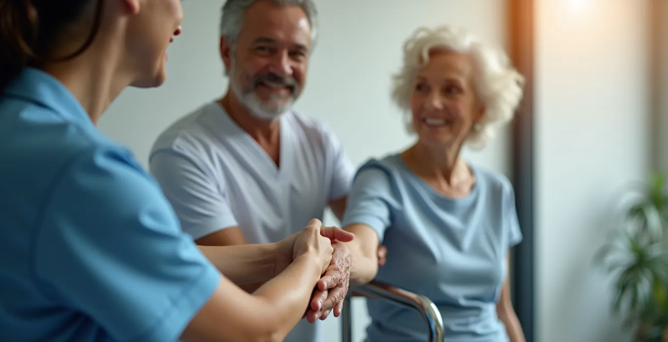 Ergothérapeute évaluant la mobilité d'une personne âgée dans sa salle de bain