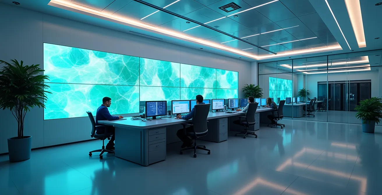 Vue large d'un centre de contrôle de sécurité moderne avec espaces épurés et architecture contemporaine