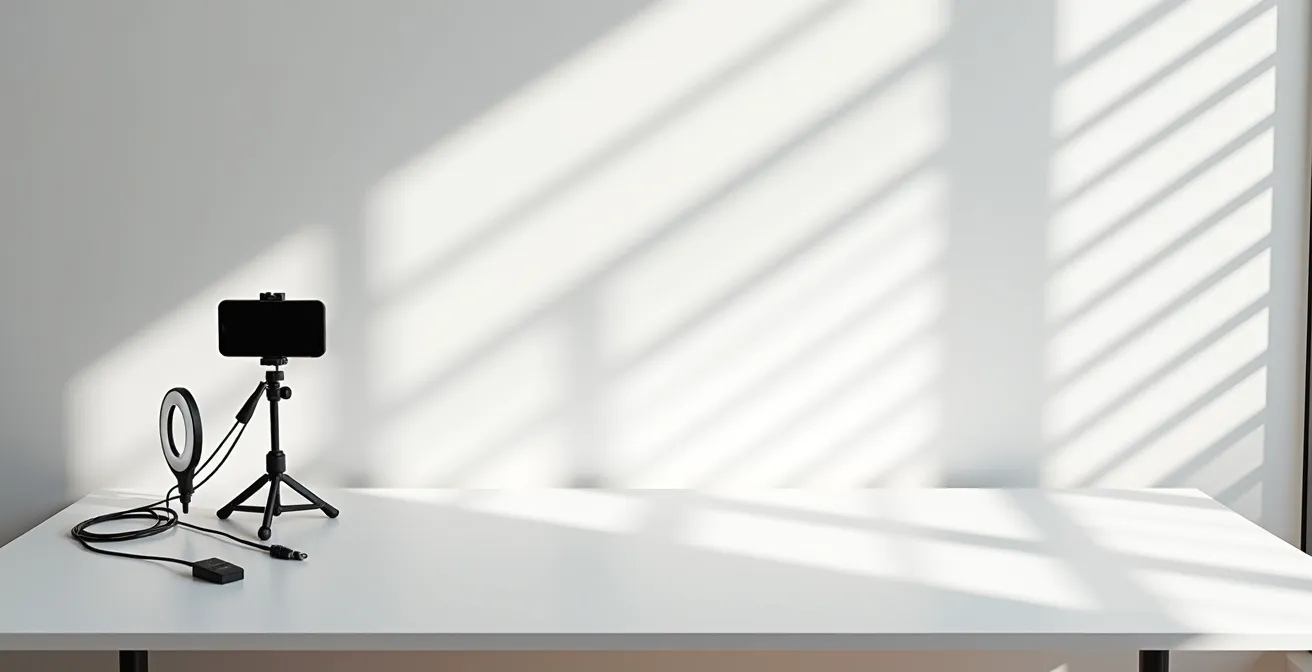 Espace de travail épuré avec équipement vidéo minimal organisé sur bureau blanc