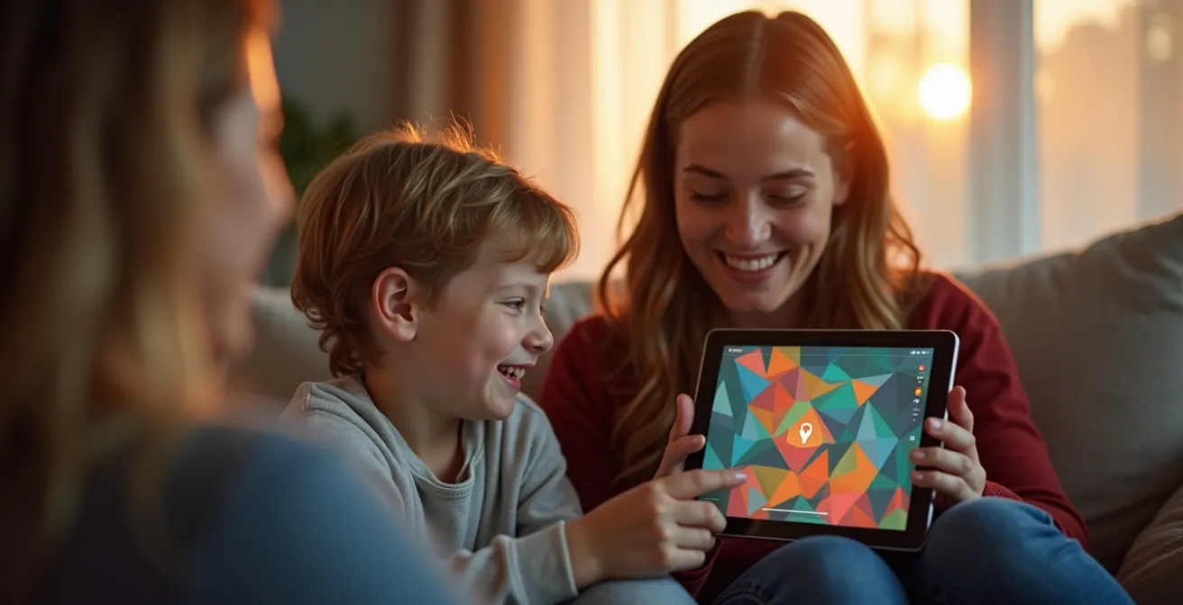 Famille sereine consultant l'application de sécurité sur tablette
