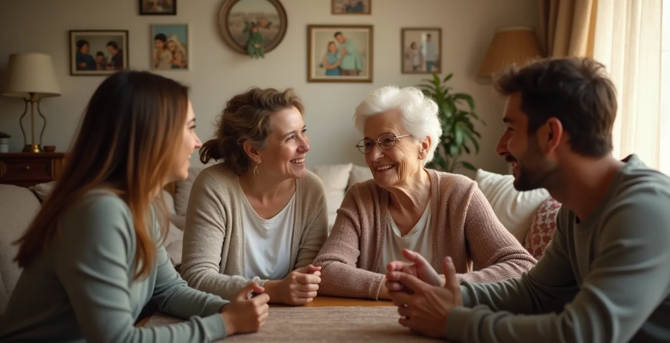 Trois générations d'une famille en discussion apaisée dans un salon