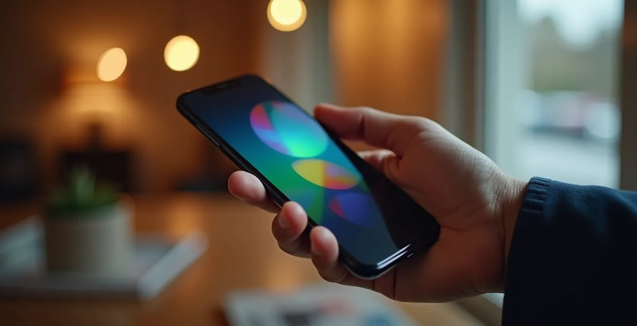 Gros plan sur des mains tenant un smartphone avec reflets colorés sur l'écran