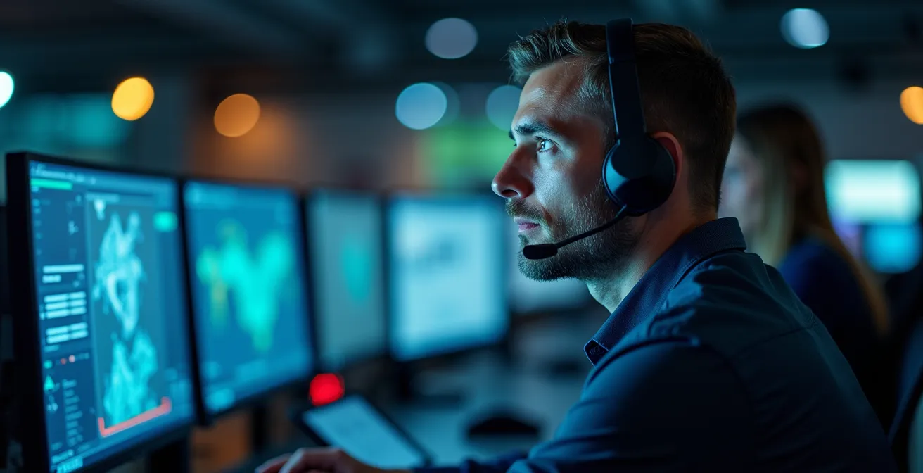 Profil d'un opérateur de télésurveillance concentré devant ses écrans de contrôle