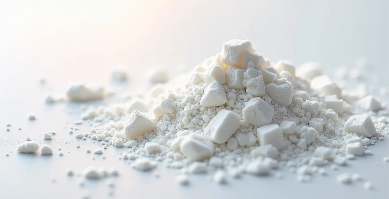 Axe Macro & Textural : Détail extrême de peptides de collagène en poudre montrant la texture cristalline