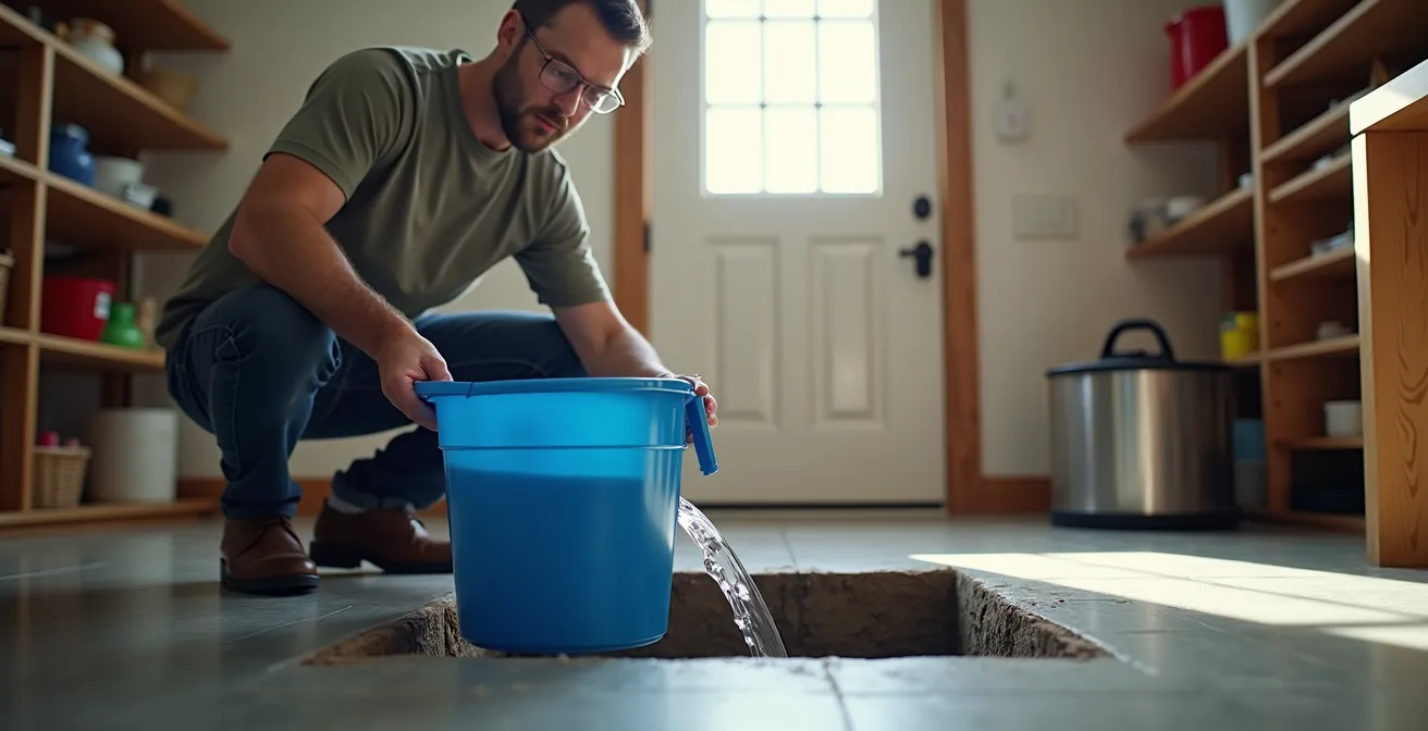 Propriétaire versant un seau d'eau dans le puisard pour tester le déclenchement