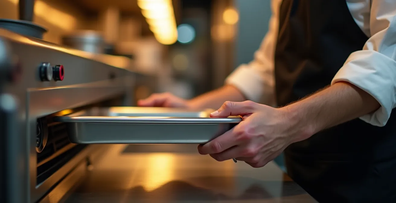 Main de serveur saisissant un plateau dans une ouverture de monte-plat