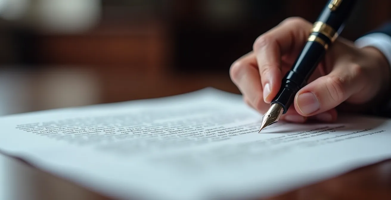 Main signant un document juridique avec détail sur la texture du papier