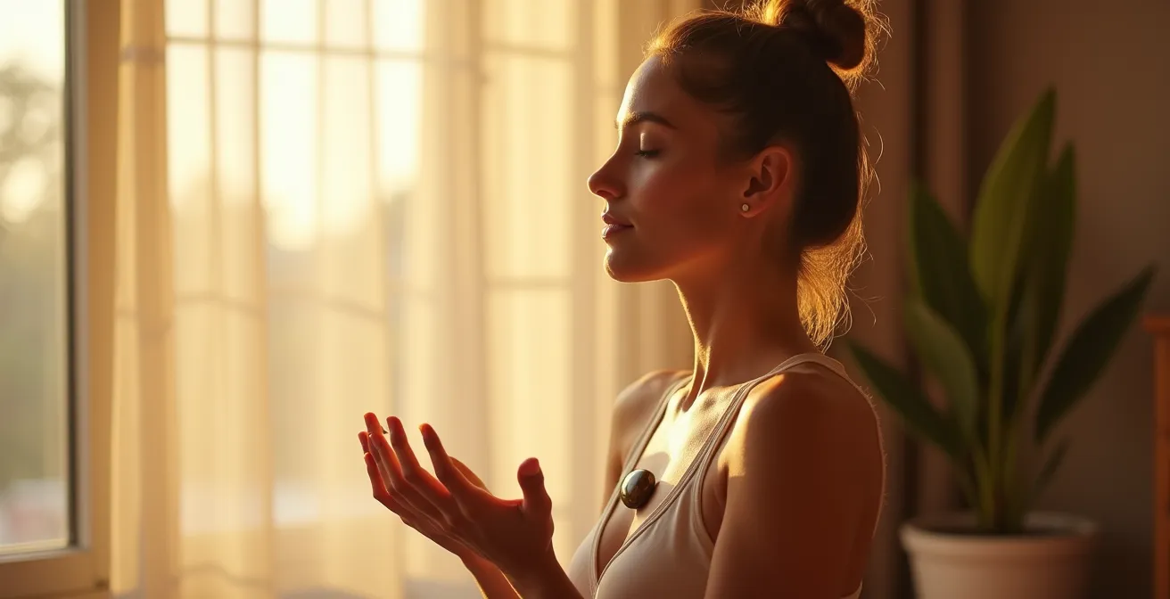 Personne en méditation avec pierre d'œil de tigre sur le plexus solaire