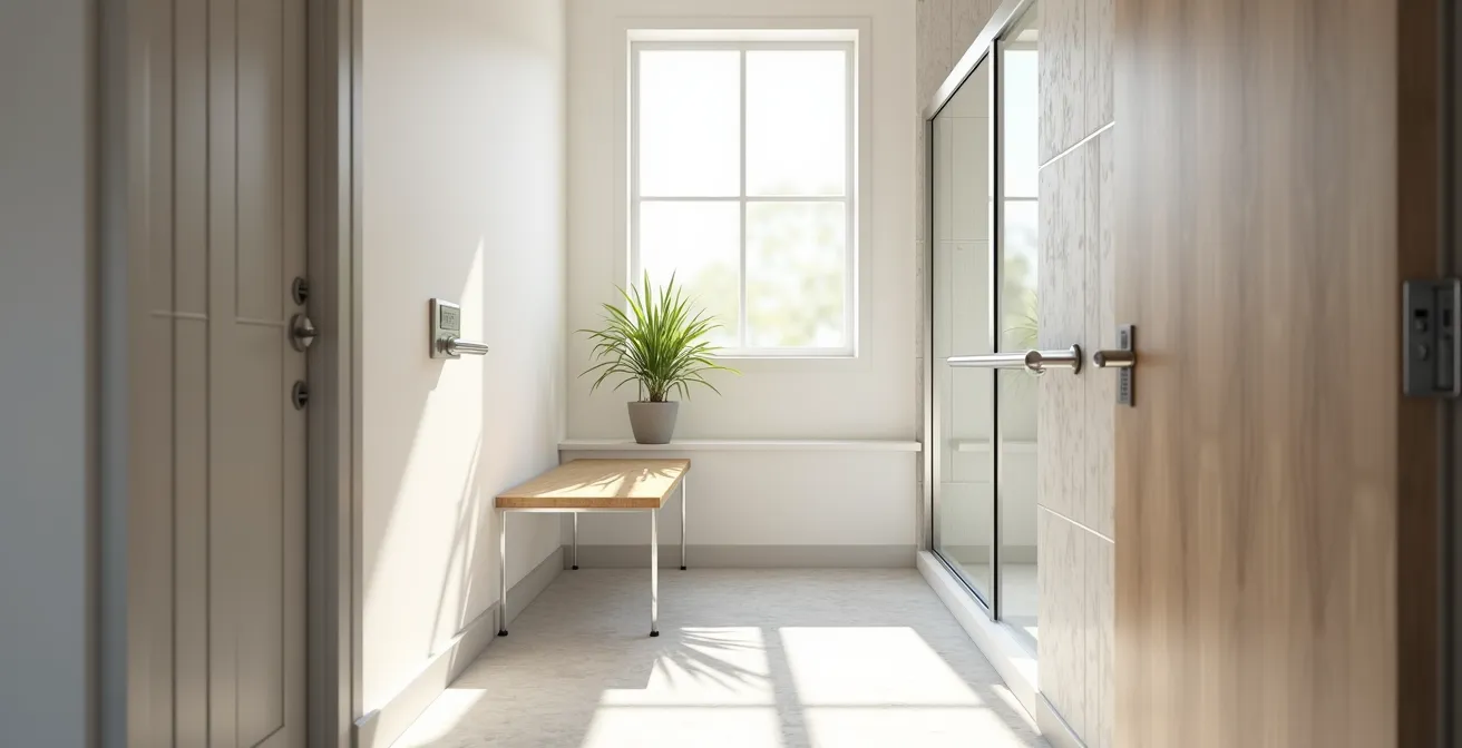 Vue d'ensemble d'une salle de bain moderne adaptée avec douche plain-pied et barres d'appui