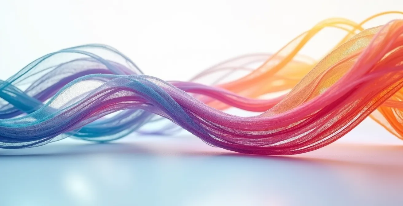 Détail macro d'ondes sonores matérialisées en fils de soie colorés