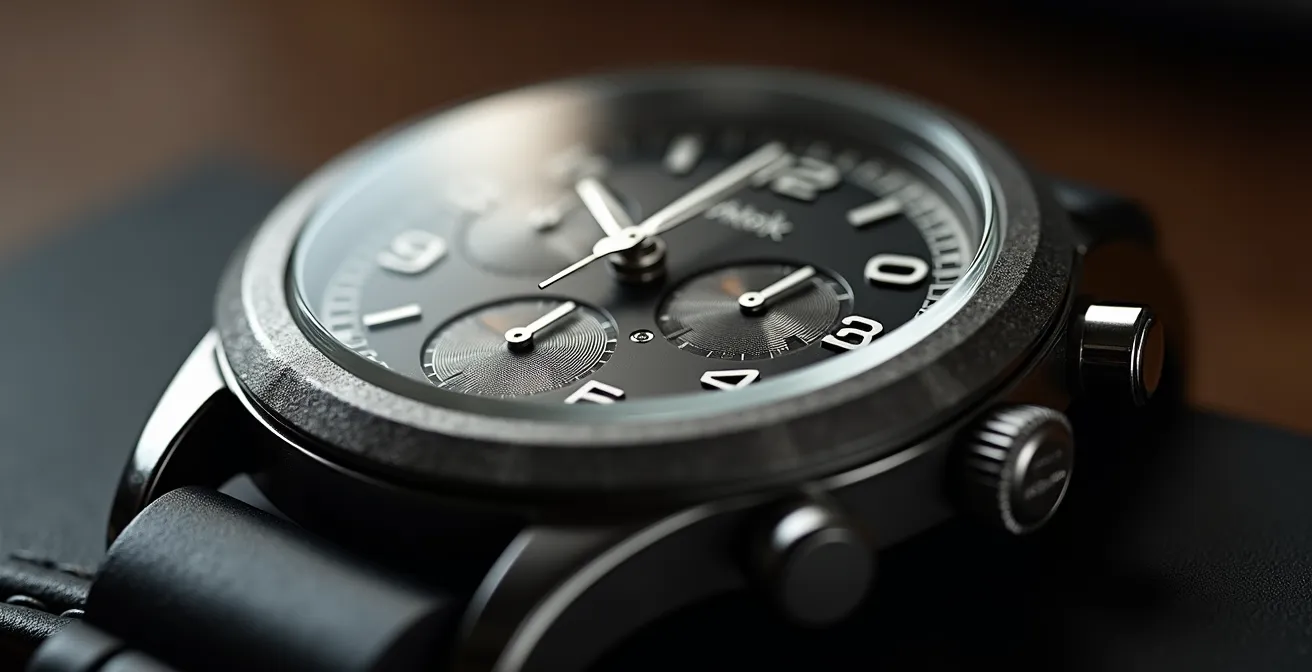 Vue macro d'un chronomètre professionnel avec reflets métalliques et textures détaillées