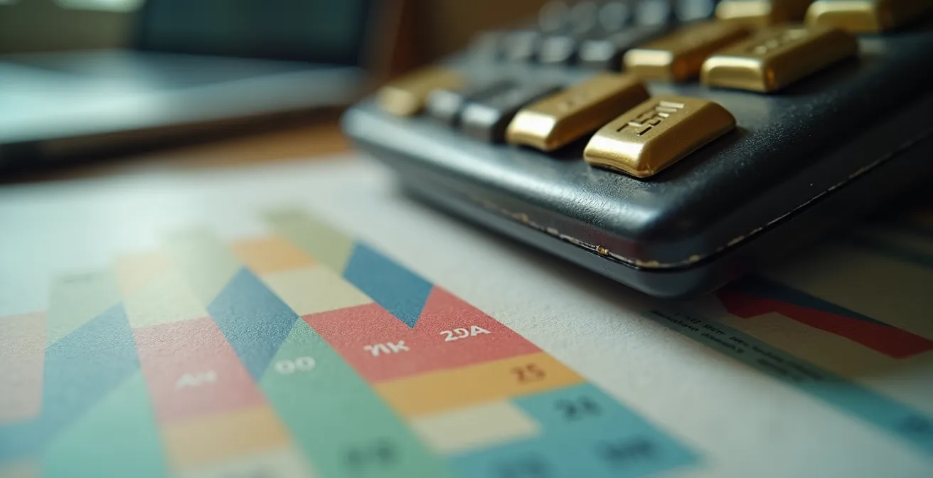 Vue macro d'une calculatrice vintage et de graphiques financiers abstraits sur papier texturé