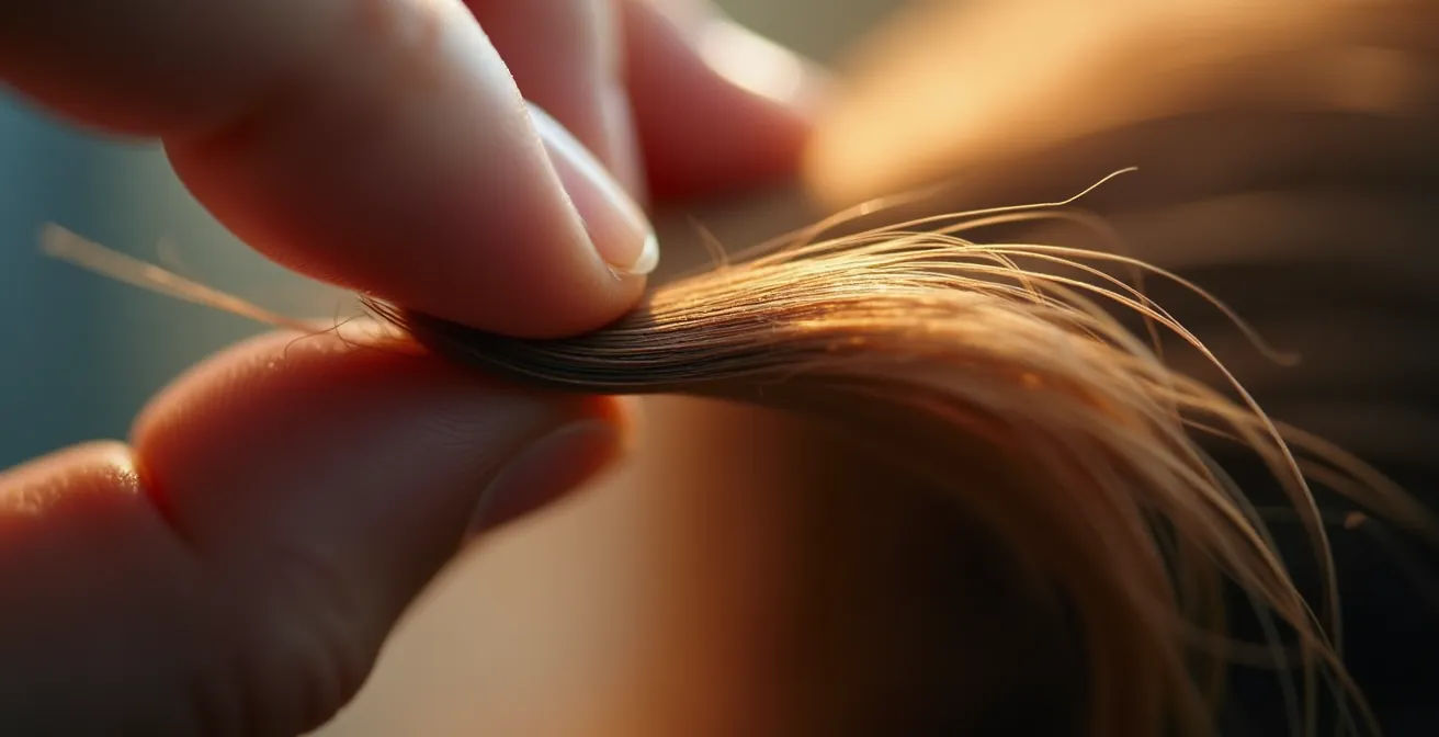 Vue macro d'une mèche de cheveux analysée par des doigts experts