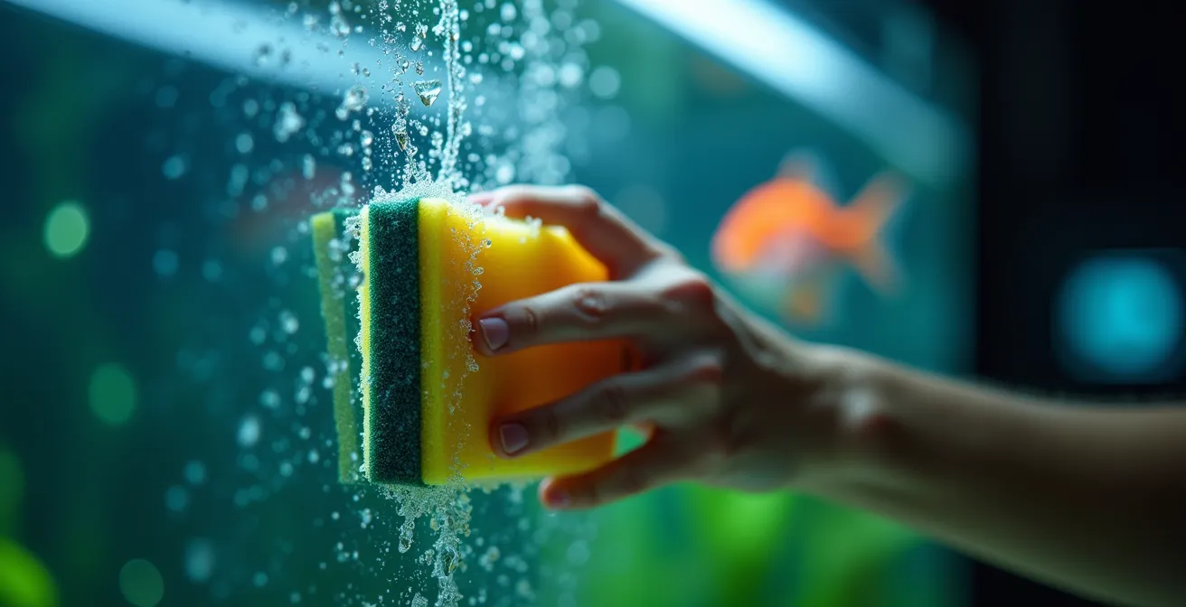 Gros plan sur une main nettoyant une vitre d'aquarium avec éponge