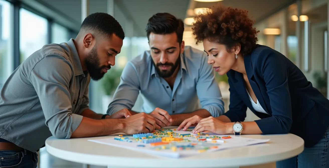 Équipe professionnelle autour d'une table avec documents et maquettes colorées