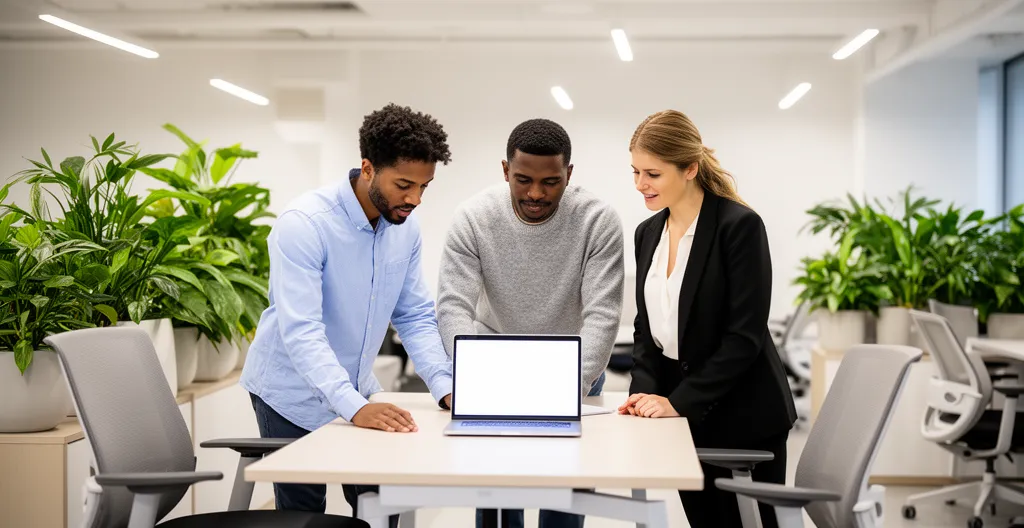 Équipe professionnelle collaborant autour d'un projet, discussion active