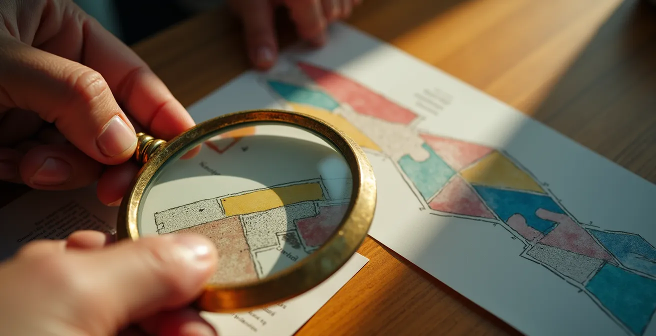 Gros plan sur des mains tenant une loupe examinant des documents colorés