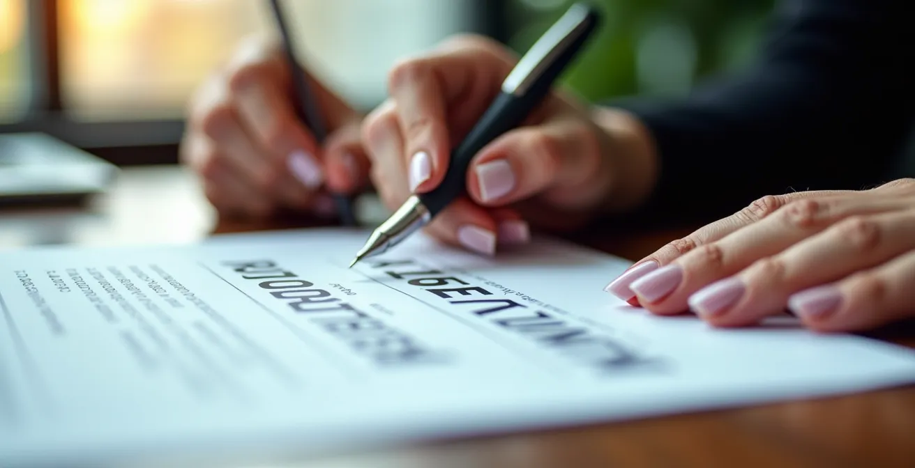 Mains féminines pointant des éléments sur un contrat avec stylo plume élégant