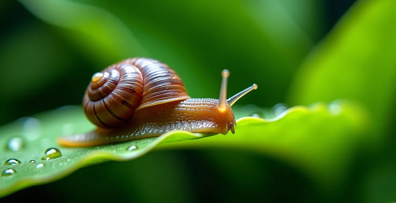 Vue macro d'un escargot Neritina sur feuille d'Anubias