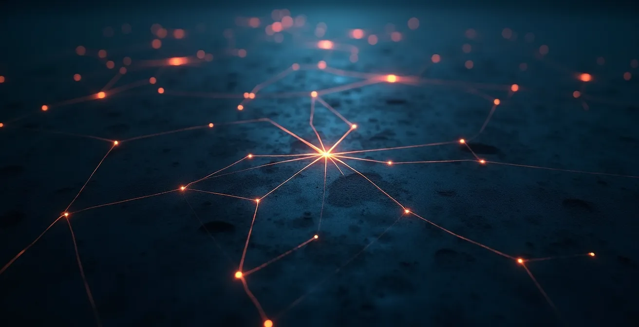 Vue aérienne abstraite d'un réseau de connexions lumineuses sur fond sombre