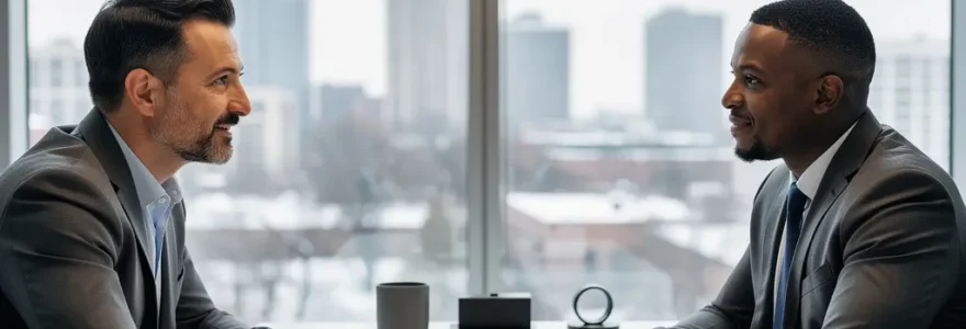 Entrepreneur québécois en consultation avec conseiller assurance dans bureau moderne Montréal