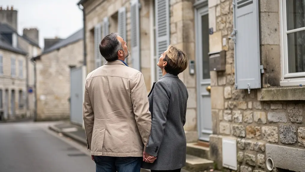 Couple nantais devant une maison en pierre typique pour projet immobilier avec notaire