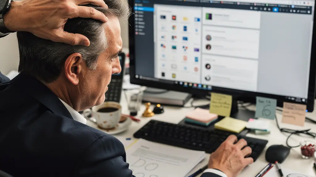 Dirigeant PME stressé devant bureau encombré candidatures recrutement