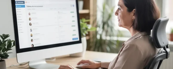 Dirigeante PME française consultant logiciel RH recrutement sur écran bureau moderne
