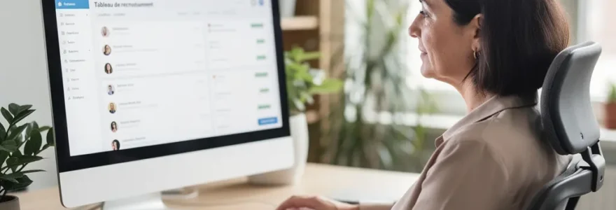 Dirigeante PME française consultant logiciel RH recrutement sur écran bureau moderne