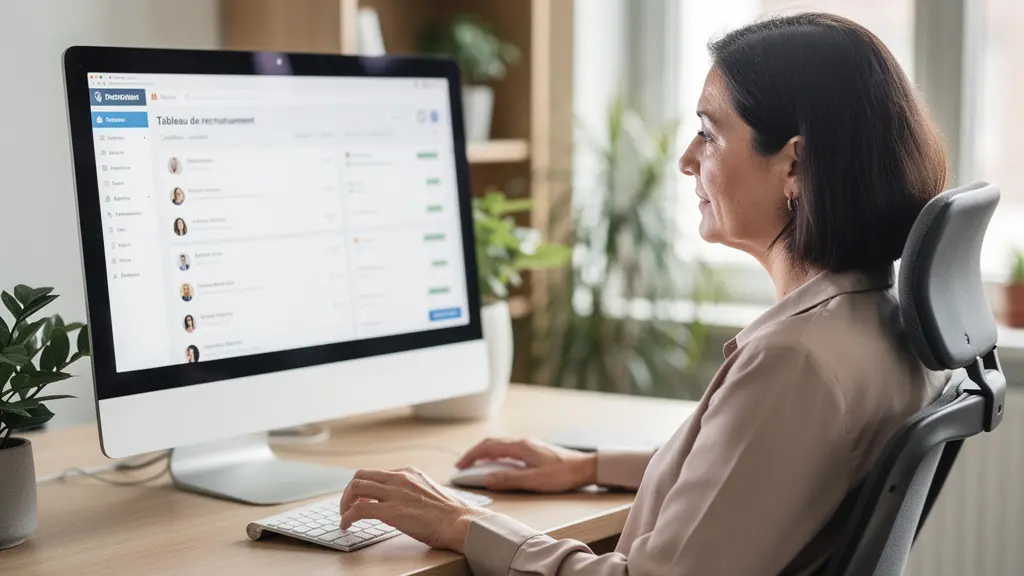 Dirigeante PME française consultant logiciel RH recrutement sur écran bureau moderne