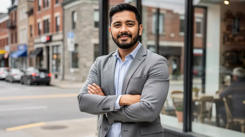 Propriétaire de commerce montréalais devant établissement quartier Rosemont